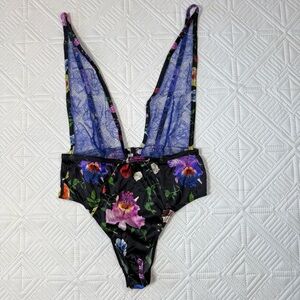 Fleur du Mal Silk Black Floral Lace  Bodysuit Size M